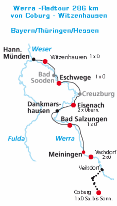 Werrataltour Coburg bis Göttingen in 5 Tagesetappen